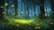 Sparkling fireflies flying in the night forest. Generative AI.