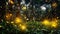 Sparkling fireflies flying in the night forest. Generative AI.