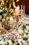 Sparkling glassware stands on table prepared for elegant wedding.