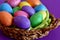 Sparkling glittering colored candy Easter eggs in a wicker basket