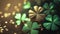 Sparkling golden green shamrock. Lucky St. Patrick\\\'s Day. Four leaf clover spring background wallpaper.