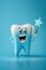 sparkling happy healthy tooth on blue background. Cartoon character. Protection and care of teeth. Generative AI