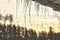 Sparkling icicles hanging from the roof of a wooden veranda against the background of sunset a coniferous deciduous forest