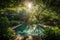 sparkling pool with sunbeams shining down, surrounded by greenery