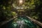 sparkling pool with sunbeams shining down, surrounded by greenery