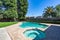 A sparkling pool surrounded by lush green grass, framed by vibrant green trees, all set against a backdrop of a clear blue sky