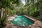 sparkling pool, surrounded by lush greenery