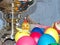 Sparkling samovar and colorful Easter eggs - part of the passover meal. Easter Bright Sunday of Christ is the oldest