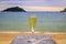 Sparkling Spanish cava wine at Concha bay beach in San Sebastian Spain at sunset