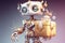 Sparkling Style: Cartoon Robot with Diamond Lapel Holds Gift Box on Glazy White Background