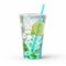 Sparkling Water Cup Mock Up: Photorealistic Rendering Of Blue Beverage In Disposable Plastic Cup