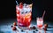 Sparkling water with strawberry and blueberries. Refreshing drinks with ice cubes with fruits , ice with blackberries and