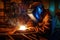 Sparks of Craftsmanship Metal Welder Mastering Steelwork with Electric Arc Welding Machine in Workshop. created with Generative AI