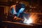 Sparks of Craftsmanship Metal Welder Mastering Steelwork with Electric Arc Welding Machine in Workshop. created with Generative AI