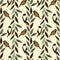 Sparrow and magpie birds and stripes of leaves seamless vector pattern in muted vintage colors
