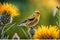 Sparrow Perched on Blossom: 3D Render of Small Bird Resting on Flower Petal Amidst Radiant Sunlight and Enchanting Backdrop