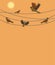 Sparrows sitting on wires on an orange background. Vector graphics