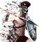 Spartan attack,illustration of a Spartan warrior in Battle dress attacking on a white background with splatter effect.