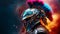 Spartan helmet with robotic face, decorated with long colorful feather , colorful smoke explosions Generate AI