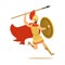 Spartan warrior character in armor and red cape fighting with spear, Greek soldier vector Illustration