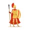 Spartan warrior character in armor and red cape with shield and spear, epic Greek soldier vector Illustration