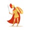 Spartan warrior character in golden armor and red cape holding shield and sword, Greek soldier vector Illustration