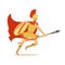 Spartan warrior character in golden armor and red cape running with spear, Greek soldier vector Illustration