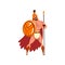 Spartan warrior in golden armor and red cape standing with shield and spear vector Illustration on a white background