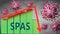 Spas and Covid-19 virus, symbolized by viruses and a price chart falling down with word Spas to picture relation between the virus