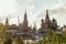 Spasskaya towers in Moscow Kremlin and Cathedral of Saint Basil the Blessedon Red Square