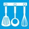 Spatula, ladle and whisk, kitchen tools icon white