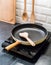 Spatula in skillet teflon coating pan