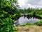 Spawning river of the Sakhalin region, inland waters in the forest, composition with different plans