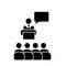 Speaker with audience and speech bubble vector icon in flat solid black style. Podium conference presentation sign