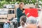 Speaker at campaign appearance of Annalena Baerbock of the German party Buendnis 90