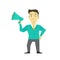 Speaker man with horn, megaphone. loudspeaker person speakerphone manager leader message. Business man politician. Flat