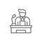 Speaker, people on podium speech, conference presentation speech line icon.