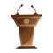 Speaker podium with microphones isolated cartoon design. Grandstand for debate or press conference vector illustration