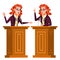 Speaker Woman Vector. Podium With Microphone. Giving Public Speech. Debates. Presentation. Isolated Flat Cartoon