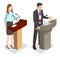 Speakers or presenters on podium. Public presentation or business speech. Conference with reports