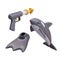 Spearfishing harpoon, fin, and killer whale. Black item for underwater hunt on big fish