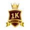 Special 1K subscriber celebration badge with golden color king crown and ribbon, Dark and golden color shade with king crown and