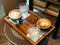 special coffee latte art on the wooden tray for 2 people.