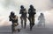 Special force assault team under smoke screen background