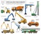 Special industrial construction and road machine coloured vector icon set isolated on white