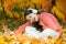 Special instrumental music collection for total relax. Kid girl relaxing near autumn tree with headphones. Music for