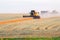 Special machine combine works and harvests wheat in the field. Food industry and agronomy
