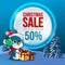 Special offer, Christmas sale, square sea wave banner with penguin in headphones and gift box and Christmas tree. Vector