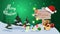 Special offer Christmas sale up to fifty percent off discount green banner with garland wooden signpost and gifts