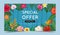 Special offer colorful banner with tropical flowers and leaves and wooden background. Circular frame. Vector